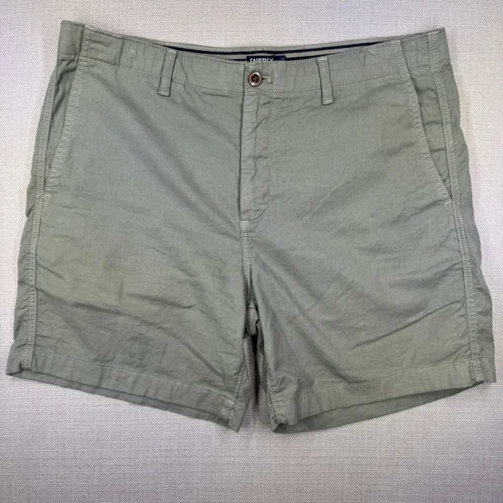 Faherty Reserve Mens Chino Shorts Olive Green Size 35 Flat Front 7 Inch Inseam